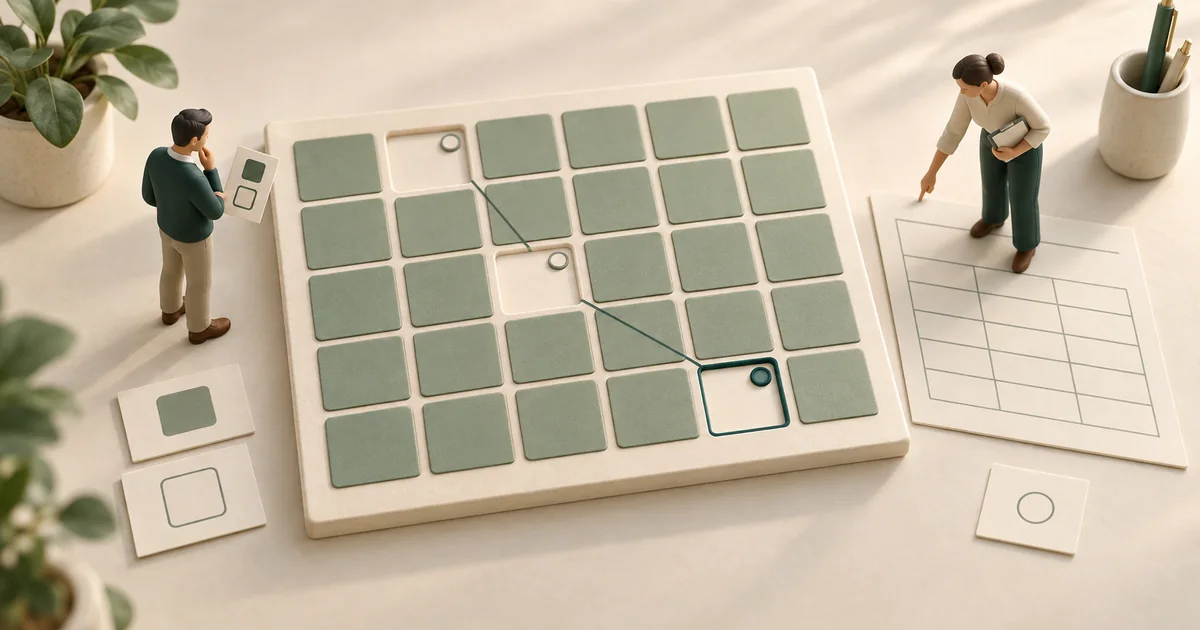 Third open slot outlined on a calendar grid Two miniature staff at a calendar grid where three open slots are joined by a line and the third is outlined