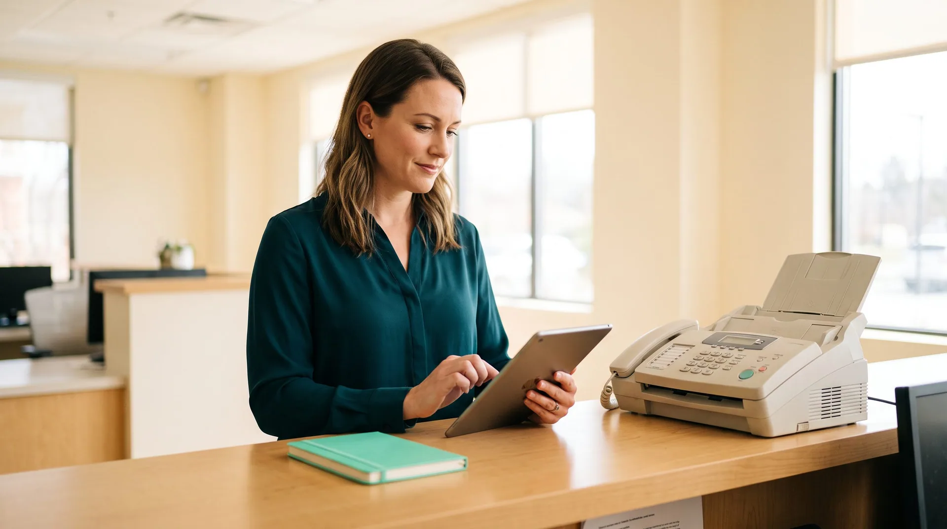 How to Reduce Fax Dependency in Your Referral Workflow Front desk coordinator processing a referral on a tablet beside a fax machine still running at the counter