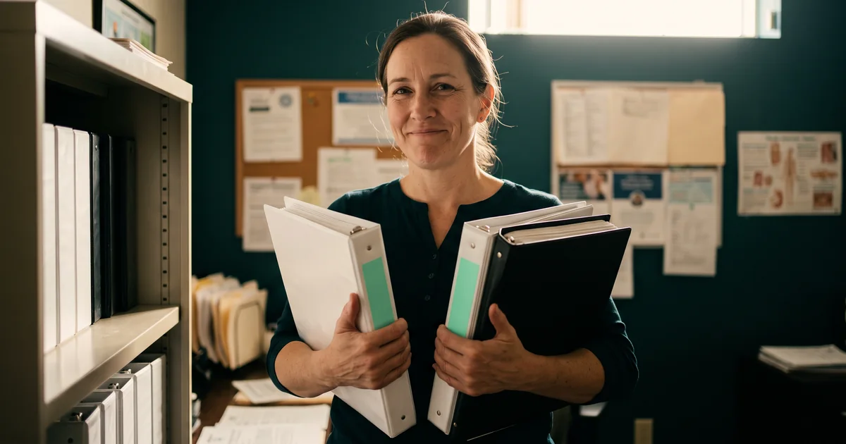 Two binders, two reporting programs A health center administrator holding two report binders with mint tabs, one white and one black, in a sunlit office