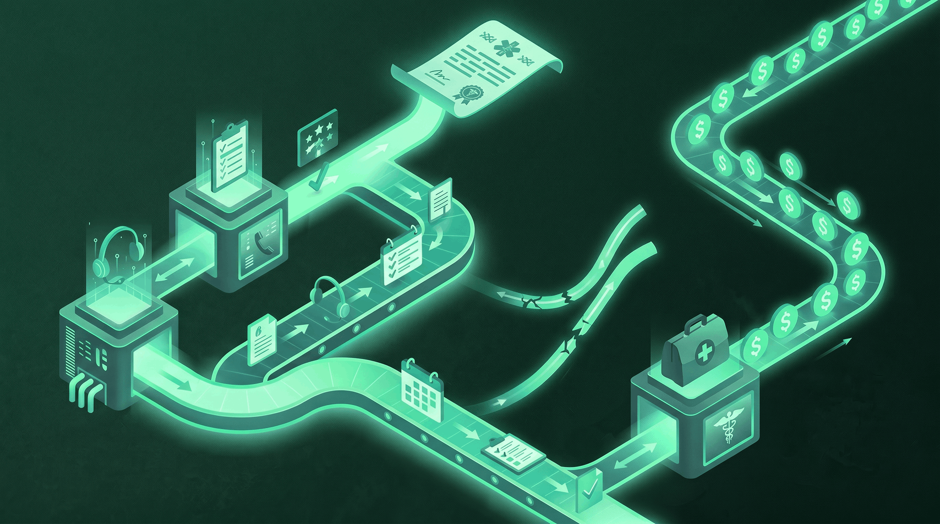 Isometric dark-green scene of a referral-to-revenue conveyor: AI agent node with headset on the left feeds a workflow through a clipboard and review/rating station, a signed contract at top, a broken-bridge section mid-route representing referral leakage, and lands at a medical bag that feeds a zigzag path of glowing dollar coins representing completed VBC revenue