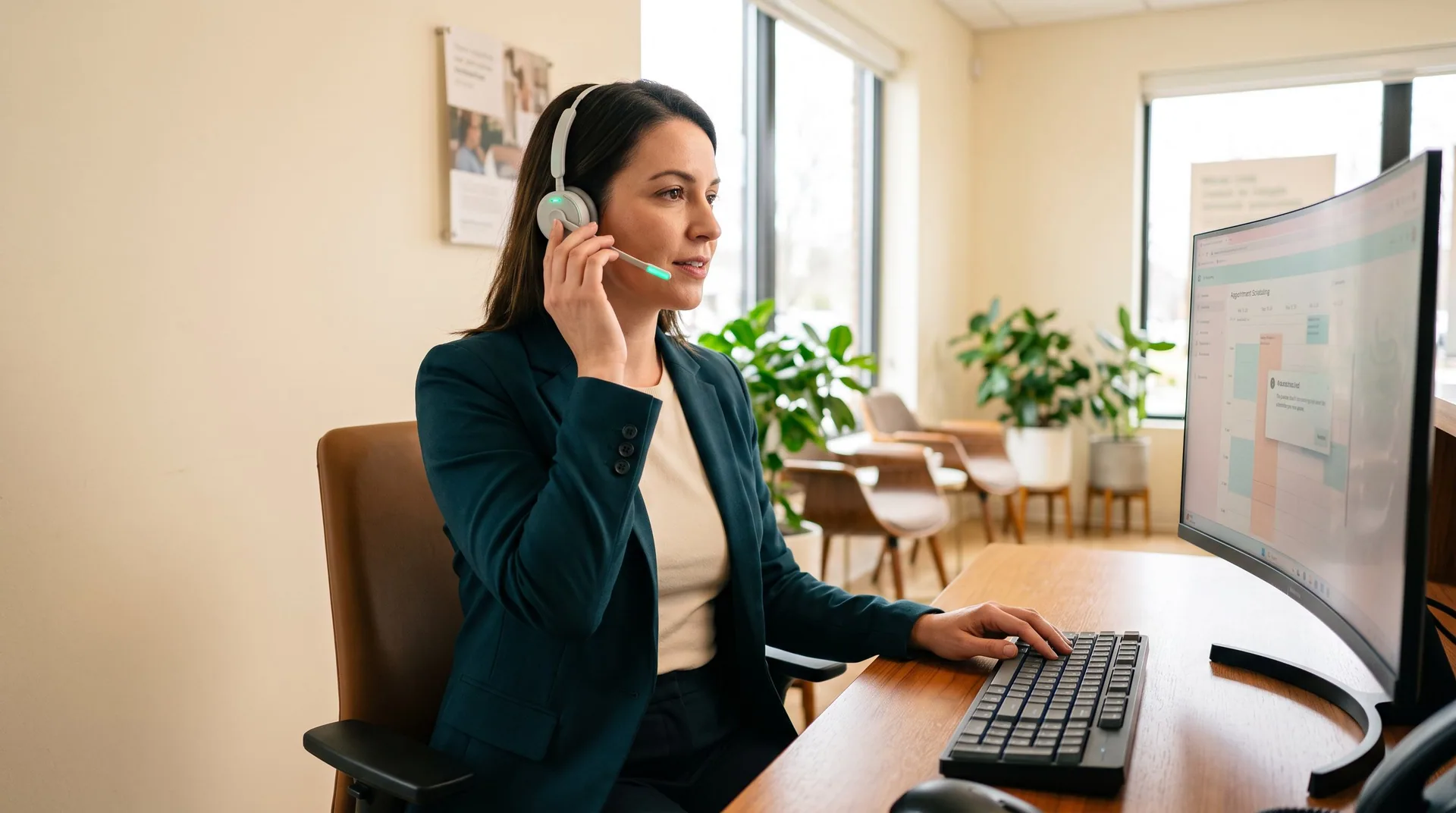 Voice AI for Patient Scheduling: What Works and What Breaks A patient access coordinator wearing a headset takes a scheduling call at a clinic front desk while reviewing an appointment calendar on screen