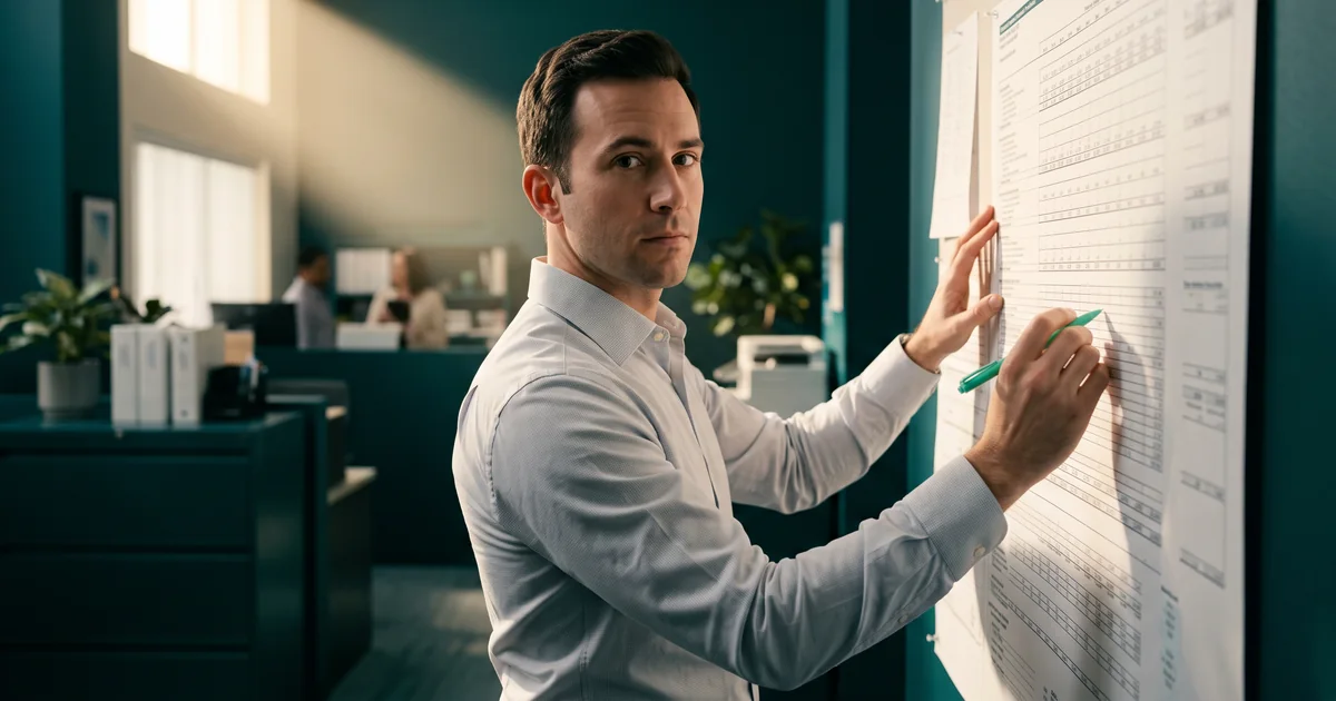 Marking up the voice AI cost ledger Practice manager marks up a printed cost worksheet pinned to a teal wall with a mint marker