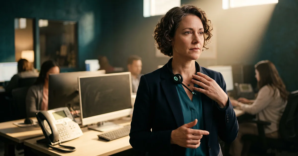 A headset between the desk phone and the queue Call center manager in a navy blazer wearing a headset stands between desk phones and monitors as colleagues take calls
