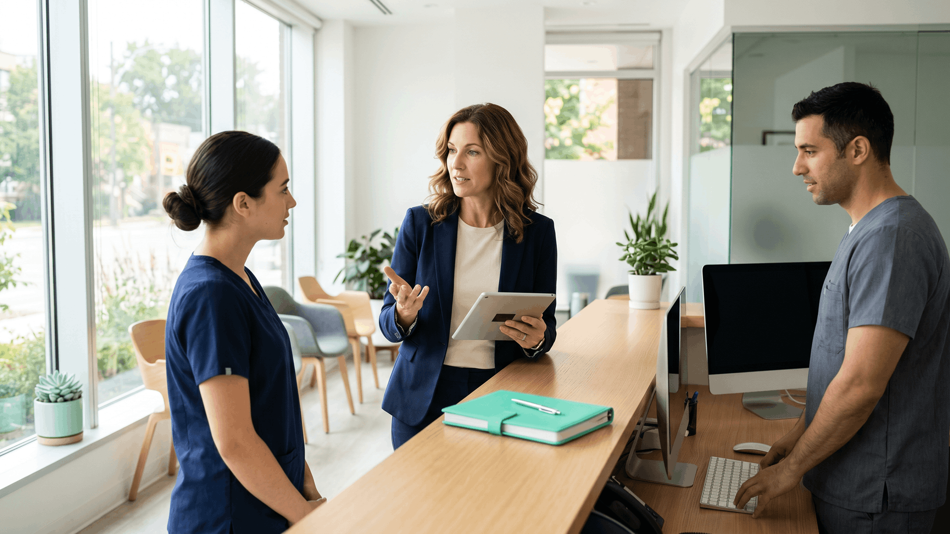 Patient access manager in a navy blazer holding a tablet leads a front-desk huddle with a clinical staffer in dark blue scrubs and a registration coordinator at a bright modern clinic check-in counter