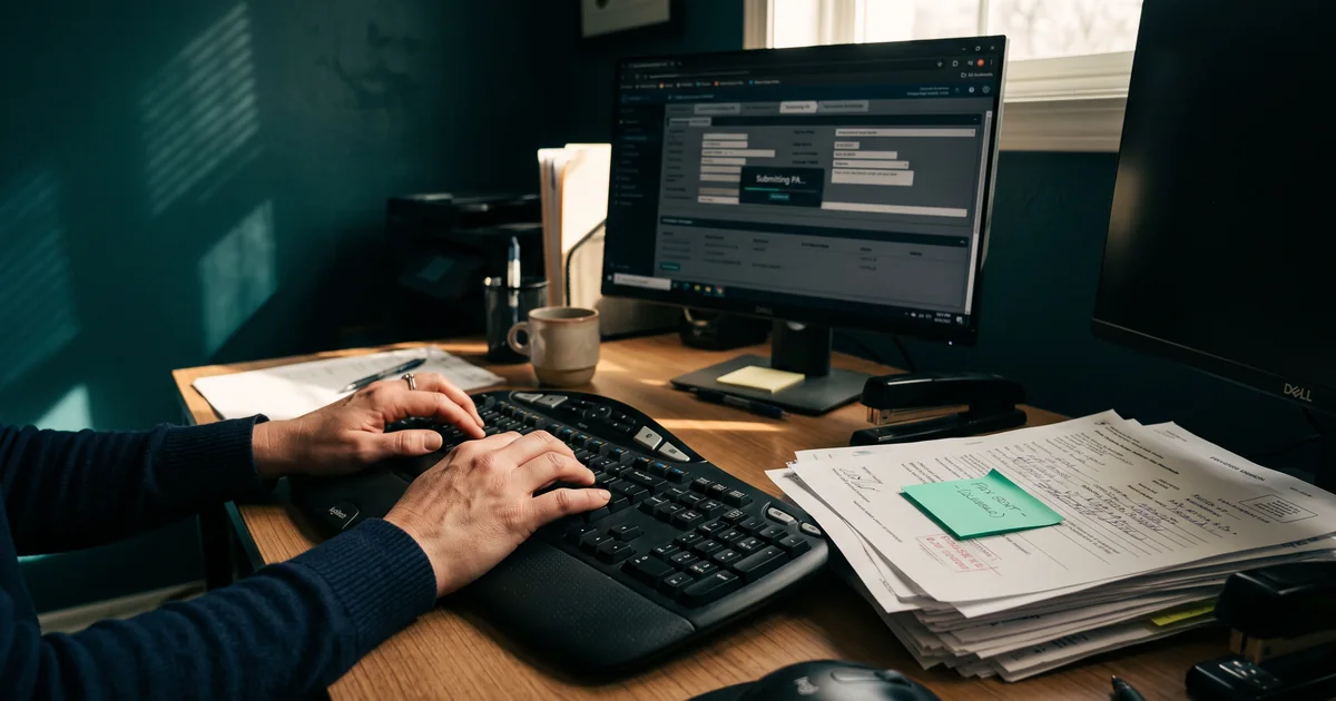 Hands typing at a monitor showing a prior authorization form mid-submission, beside a stack of paper forms with a mint sticky