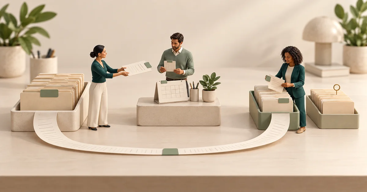 The referral lifecycle and its owners Three miniature staff follow a looped referral path from a folder tray past a calendar to a tray of returned reports