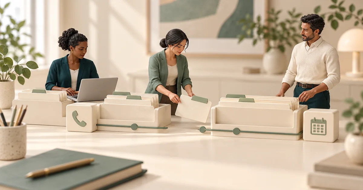 Tracing a referral handoff between office coordinators Miniature office coordinators trace a referral card between cream document trays, phone and calendar tiles