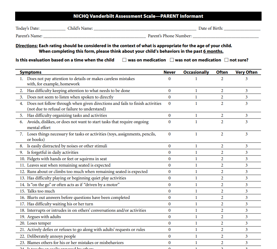 What is the vanderbilt assessment for adhd linear health